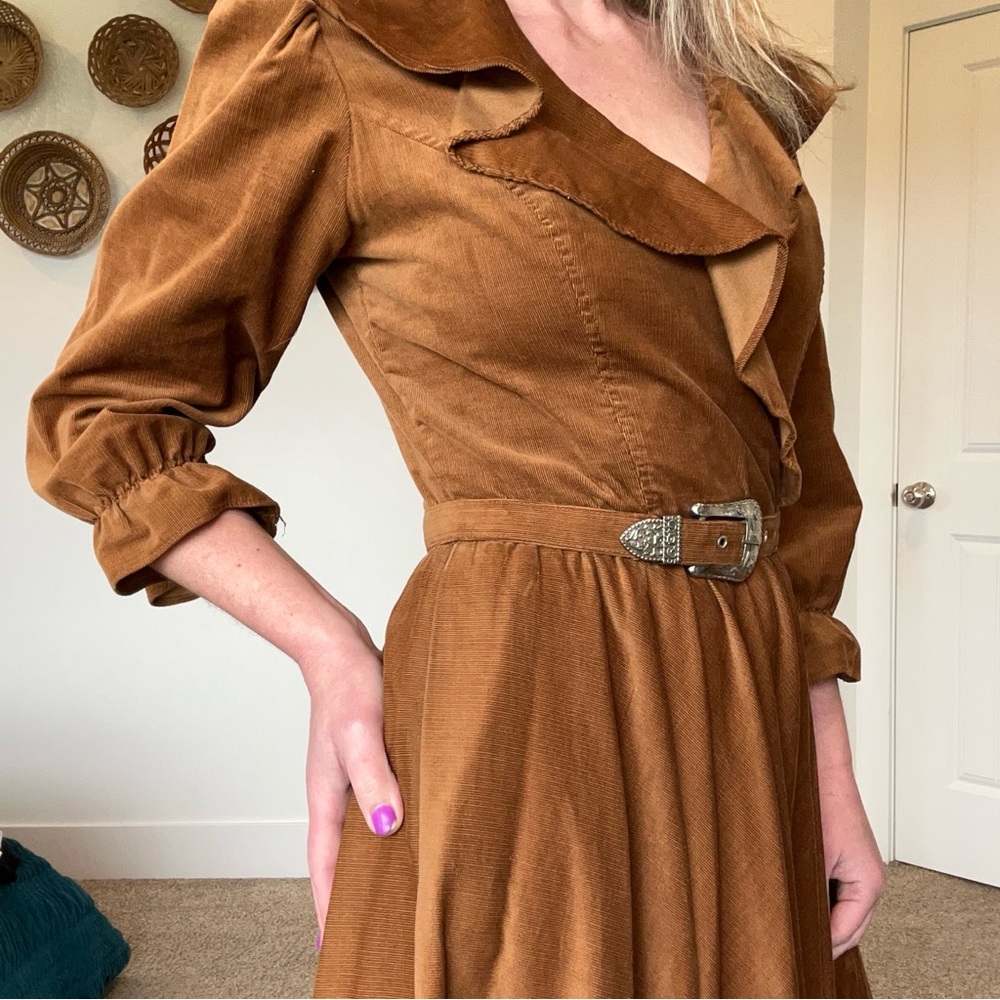Vintage 70s Pincord Western Prairie Ruffle Maxi Dress - Picture 3 of 13
